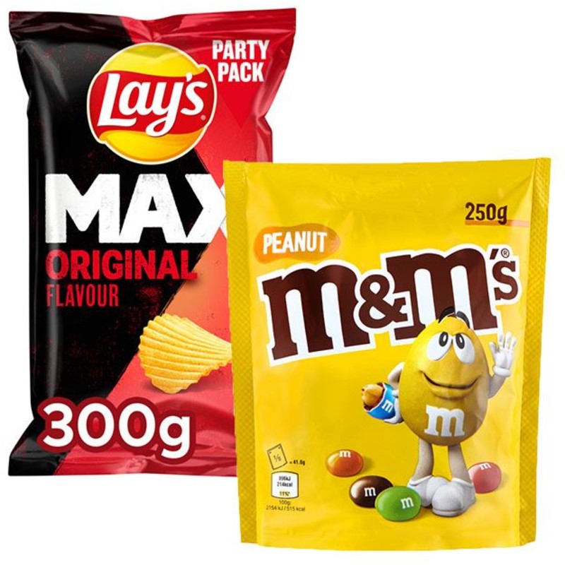 Een afbeelding van Lay's chips & M&M's chocolade & borrel box