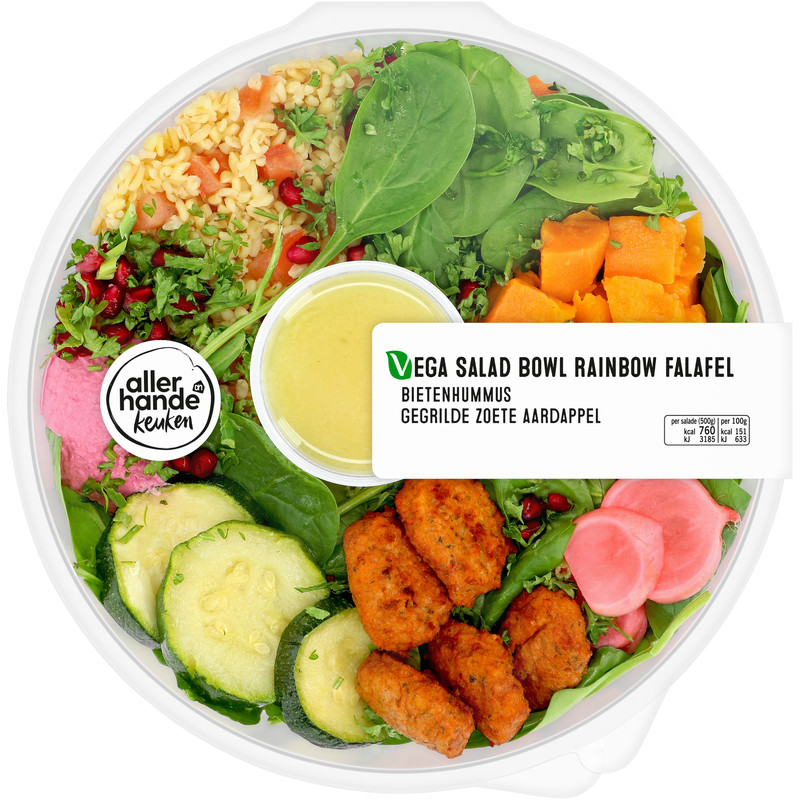 Een afbeelding van AH Vega salad bowl rainbow falafel
