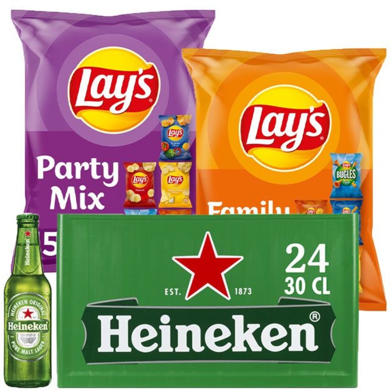 Een afbeelding van Lay's & Heineken chips & bier borrel pack