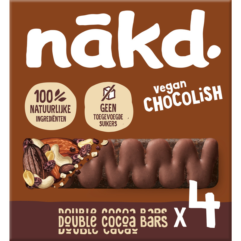 Een afbeelding van Nakd. Vegan chocolish double cocao bars