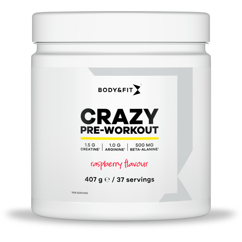 Een afbeelding van Body & Fit Crazy pre-workout raspberry flavour