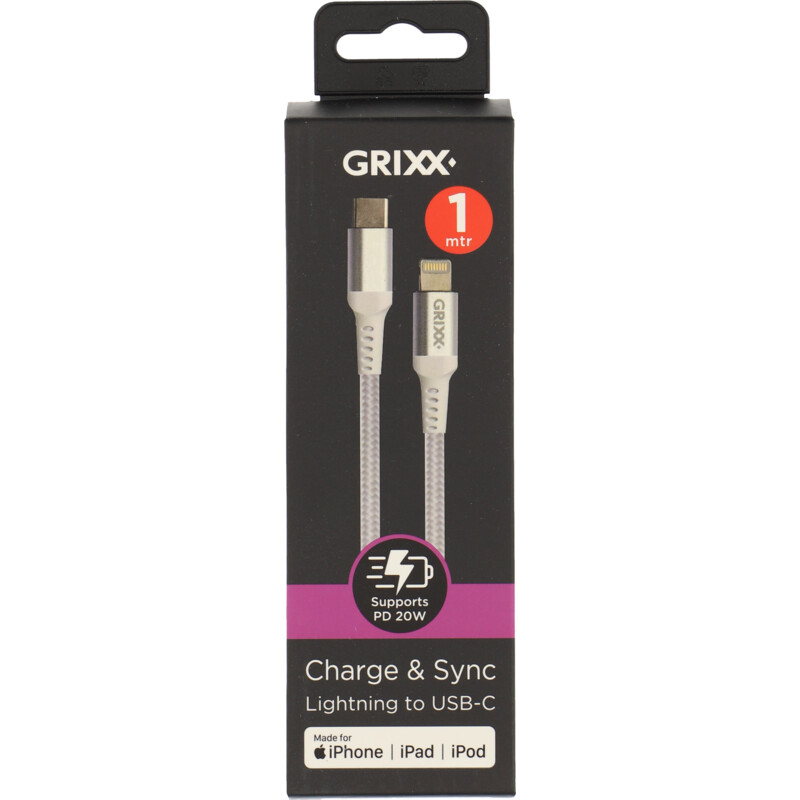 Een afbeelding van Grixx Lightning to USB-C white 1 meter