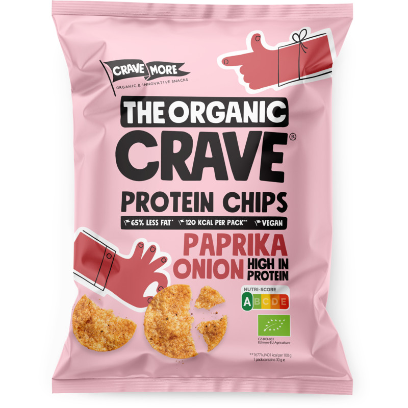 Een afbeelding van The Organic Crave Paprika & onion protein chips