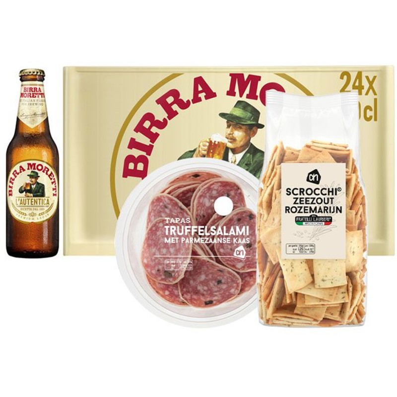 Een afbeelding van Birra Moretti bier & scrocchi borrel pakket