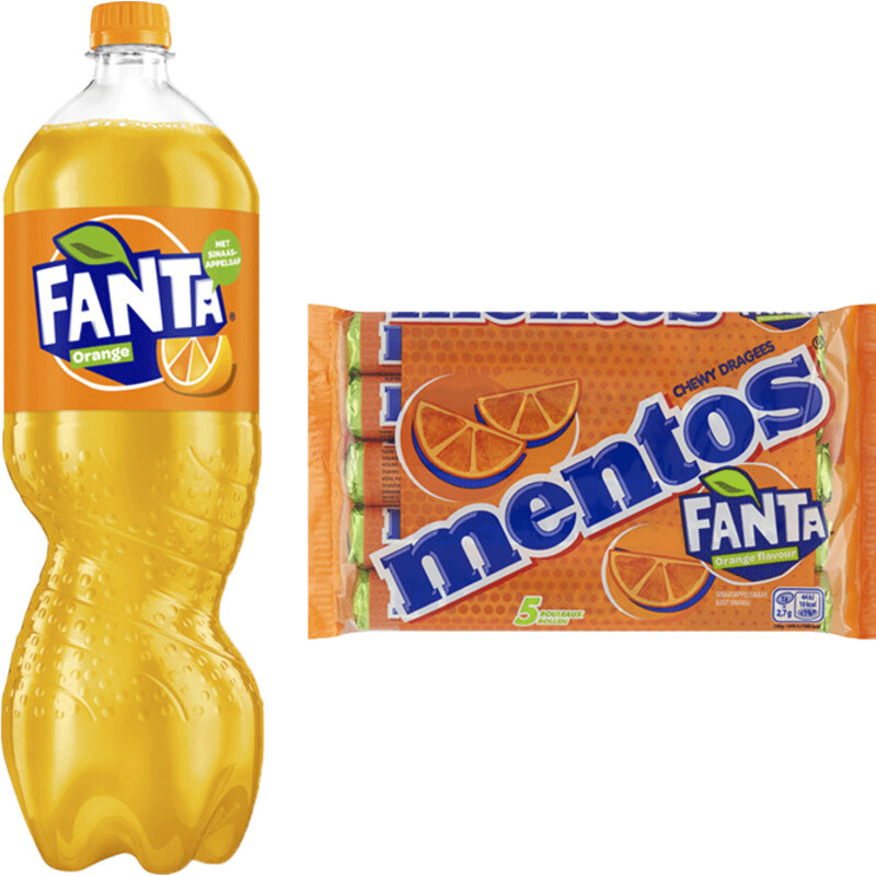 Een afbeelding van Mentos snoepjes & Fanta Orange frisdrank