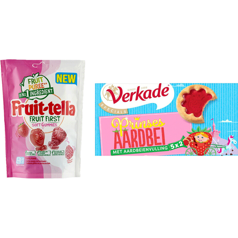 Een afbeelding van Fruittella snoep & Prinses Aardbei koek