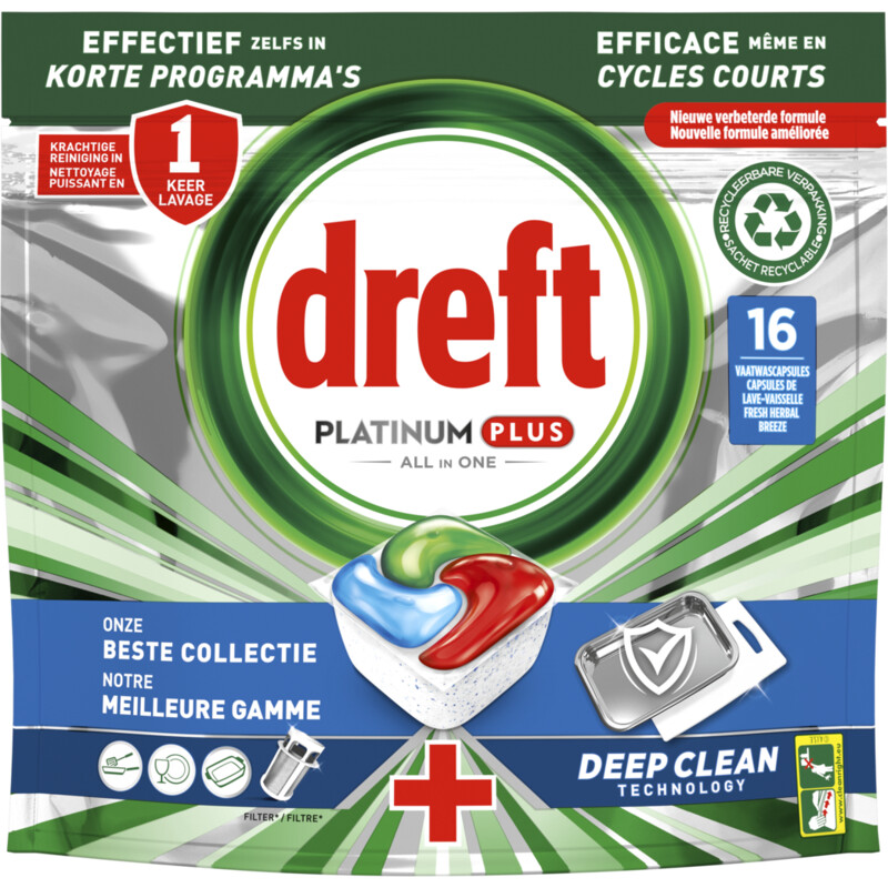 Een afbeelding van Dreft Platinum plus deep clean vaatwascapsules