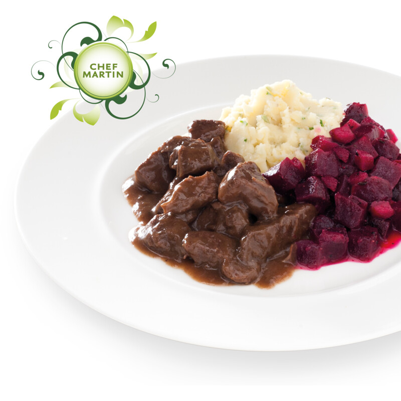 Een afbeelding van Chef Martin Draadjesvlees in jus rode biet met ui