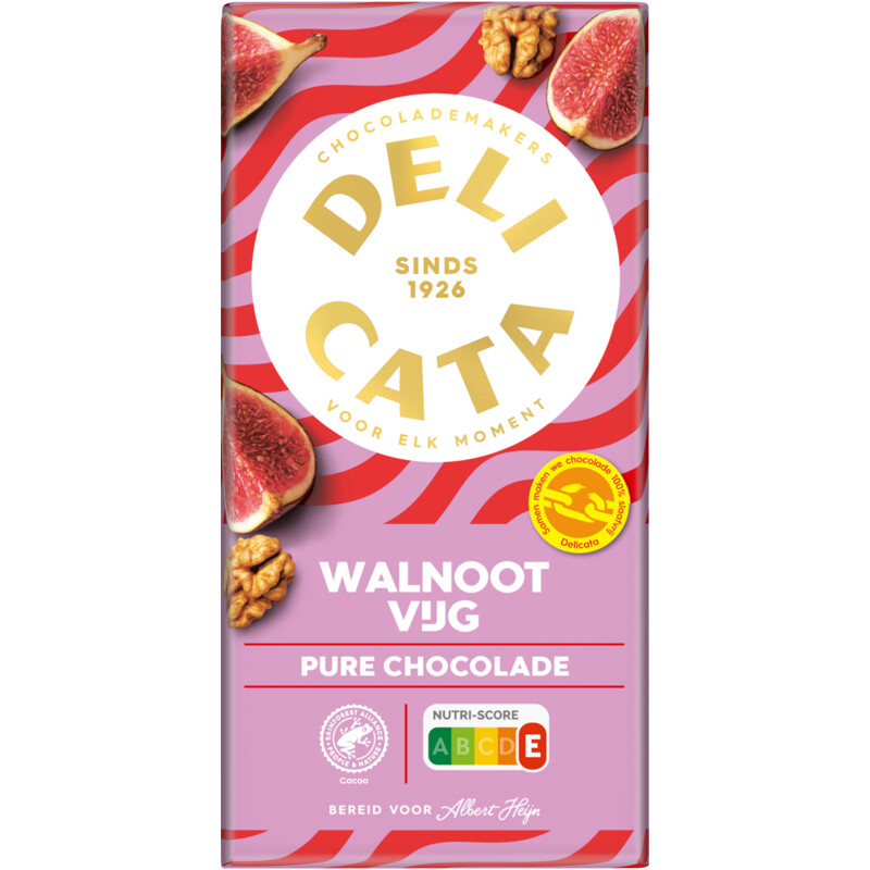 Een afbeelding van Delicata Reep pure chocolade walnoot vijg