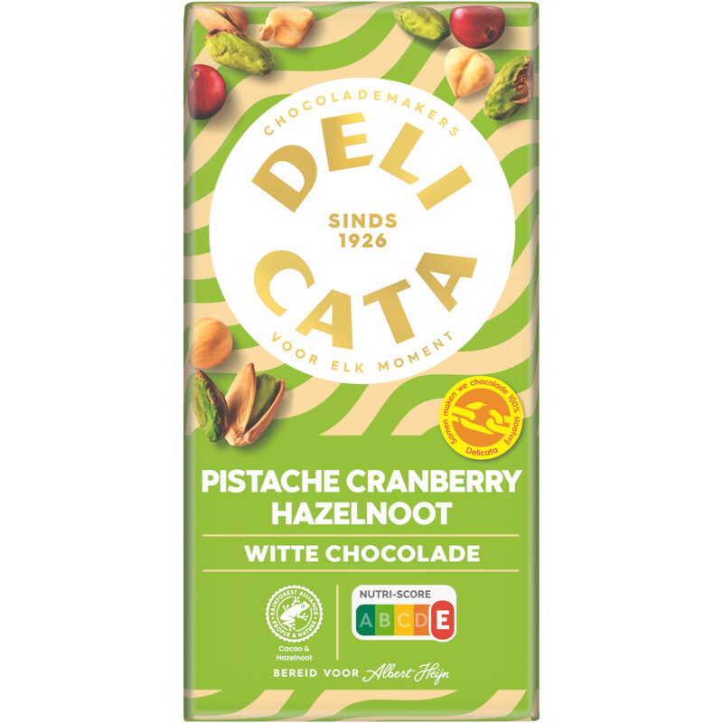 Een afbeelding van Delicata Reep witte chocolade pistache cranberry
