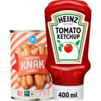 Een afbeelding van Heinz Tomaten Ketchup met AH Knakworst