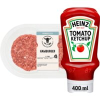 Een afbeelding van Heinz Tomaten Ketchup met AH hamburger