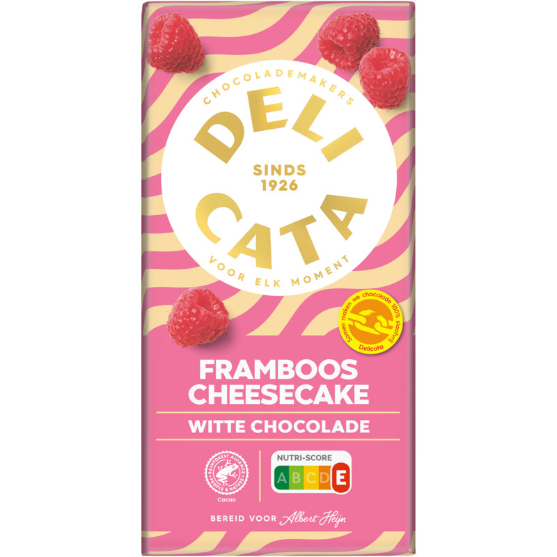 Een afbeelding van Delicata Reep witte chocolade framboos cheesecake