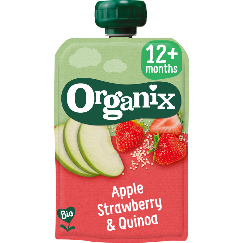 Een afbeelding van Organix Knijpfruit appel aardbei quinoa 12m+