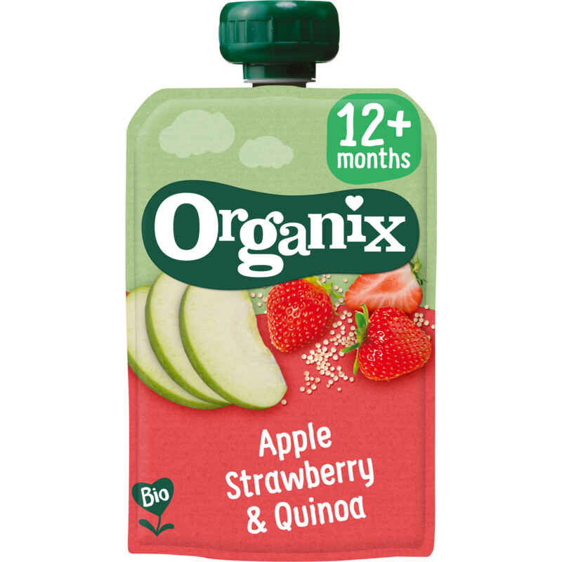 Een afbeelding van Organix Knijpfruit appel aardbei quinoa 12+m