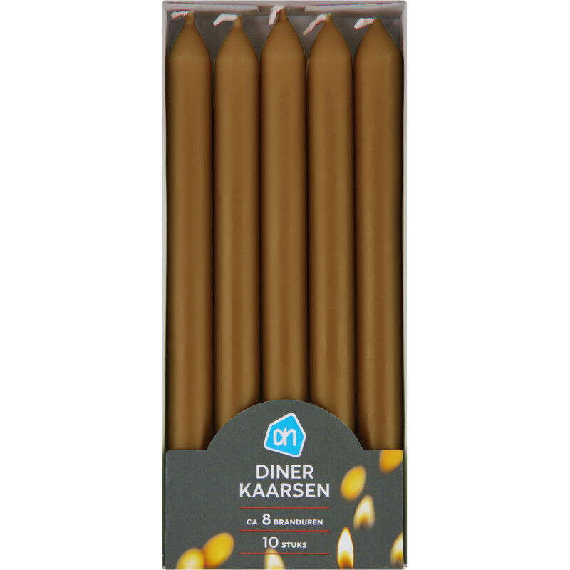 Een afbeelding van AH Dinerkaarsen caramel 8 branduren