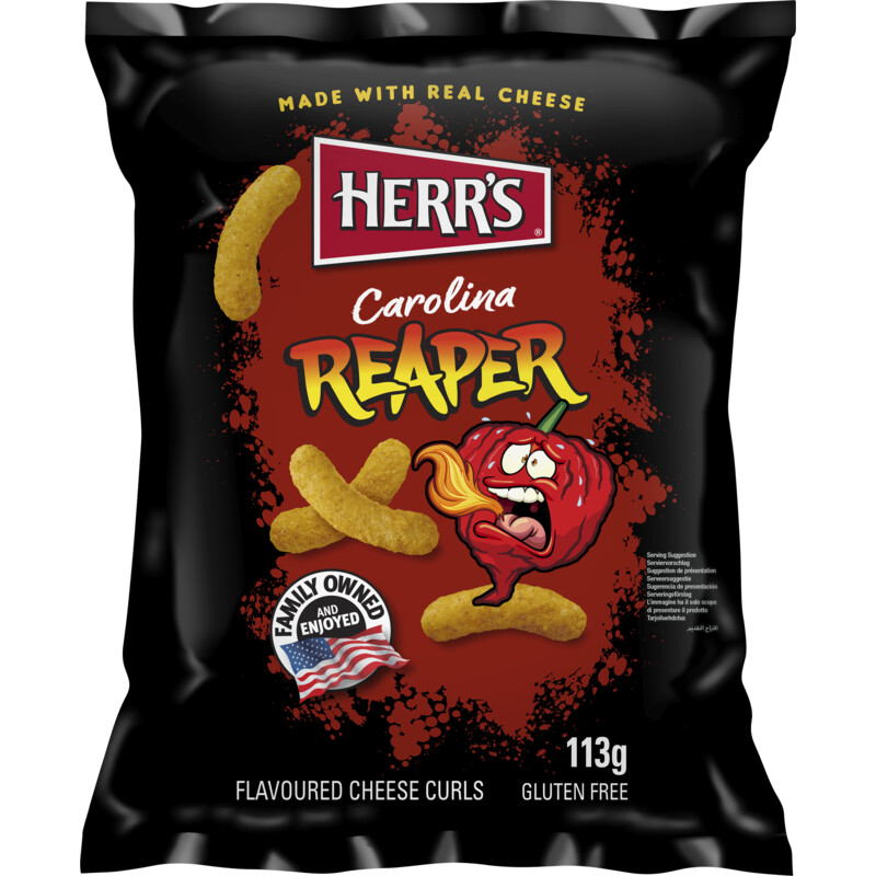 Een afbeelding van Herr's Carolina reaper flavoured cheese curls