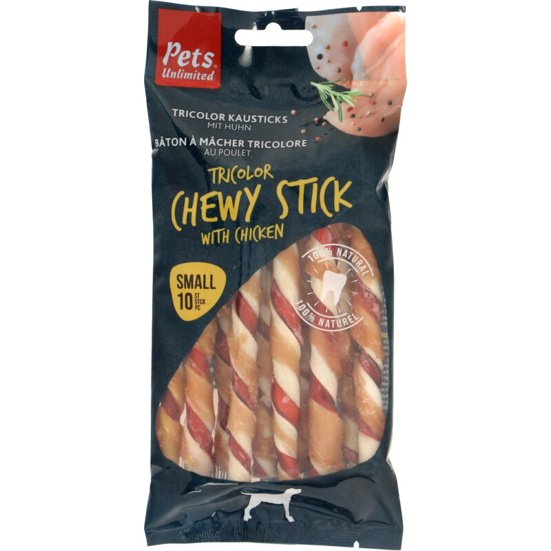 Een afbeelding van Pets Unlimited Tricolor chewy stick with chicken small