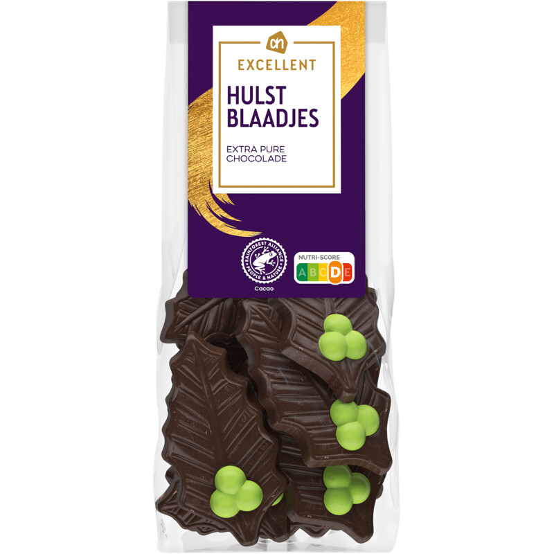 Een afbeelding van AH Excellent Hulstblaadjes extra pure chocolade