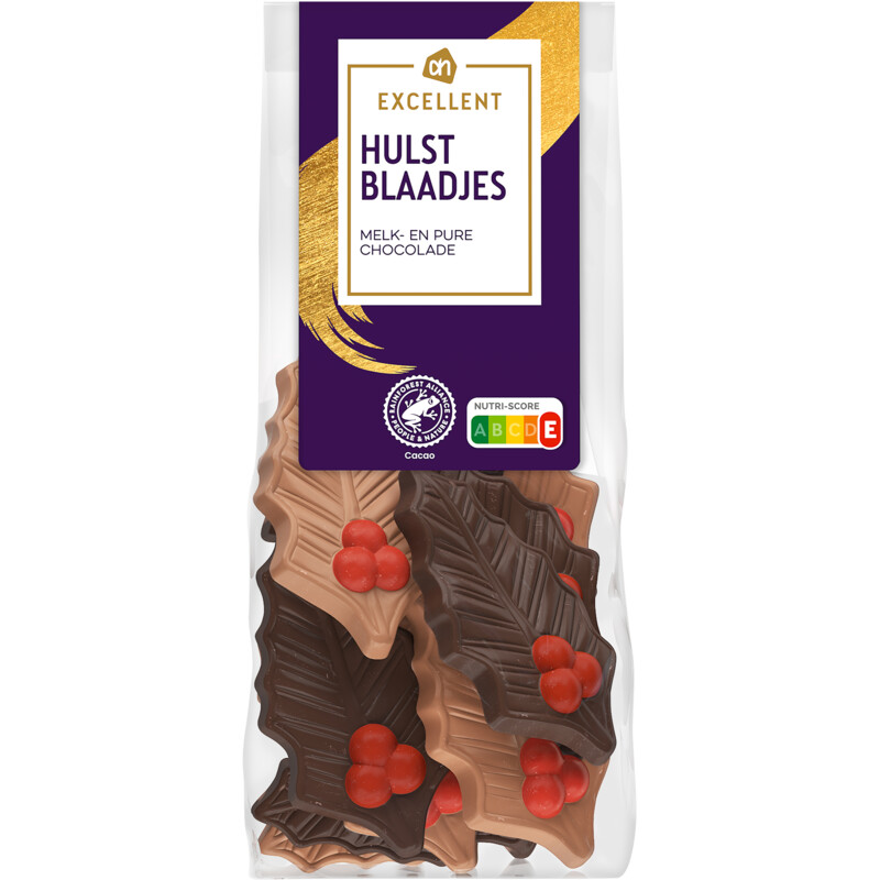 Een afbeelding van AH Excellent Hulstblaadjes melk- en pure chocolade