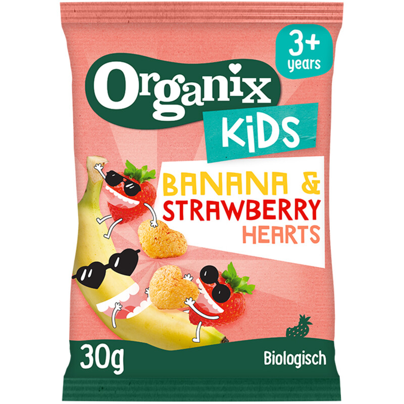 Een afbeelding van Organix Banana & strawberry hearts kids
