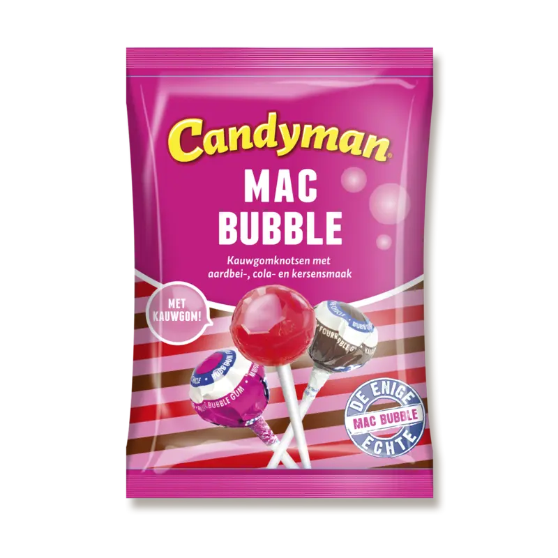 Candyman Mac Bubble Kauwgomknotsen met Aardbei-, Cola- en Kersensmaak 150 g