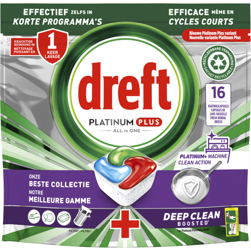 Een afbeelding van Dreft Platinum+ machine clean vaatwastabletten
