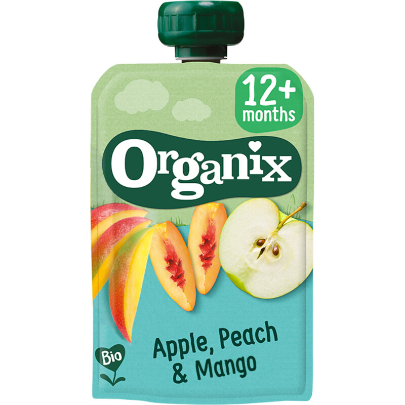 Een afbeelding van Organix Knijpfruit appel, perzik & mango 12m+