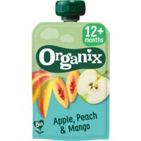 Een afbeelding van Organix Knijpfruit appel, perzik & mango 12+m