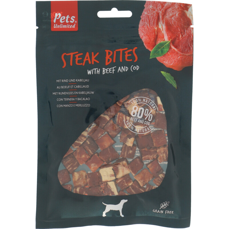 Een afbeelding van Pets Unlimited Steak bites with beef and cod