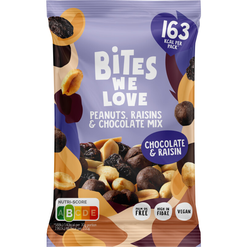 Een afbeelding van BitesWeLove Peanuts, raisins & chocolate mix