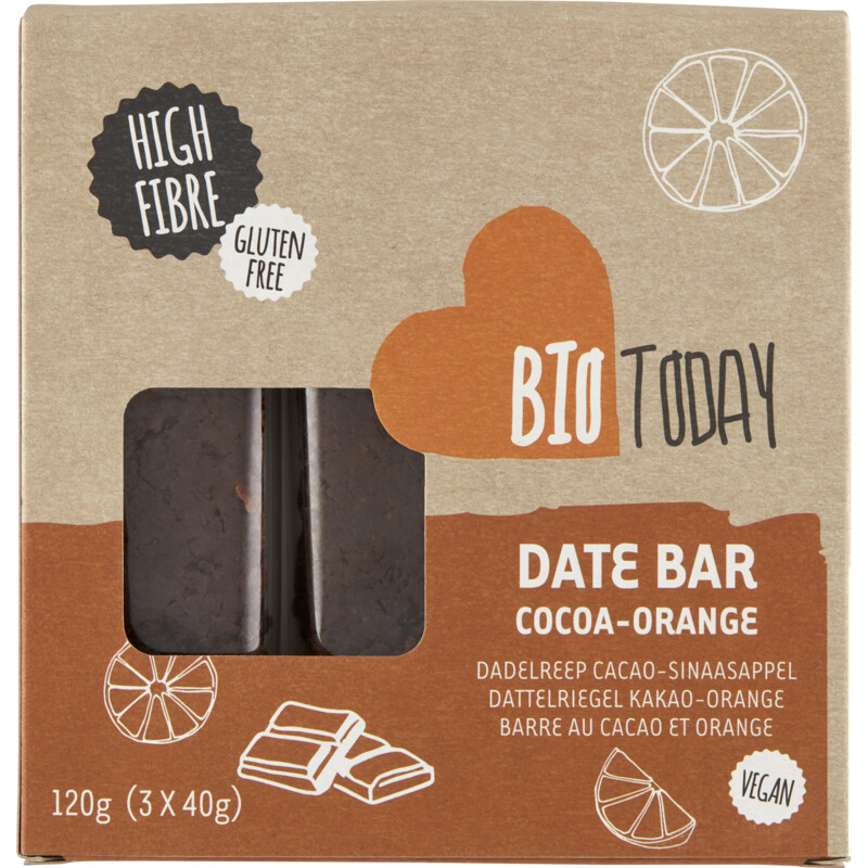 Een afbeelding van BioToday Dadelreep cacao-sinaasappel