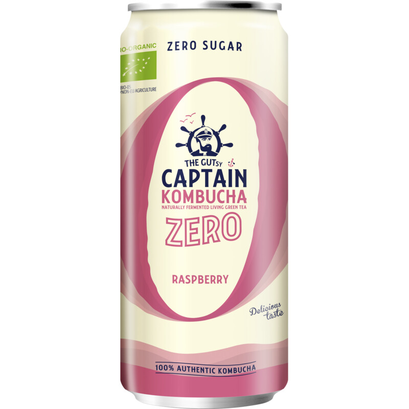 Een afbeelding van The Gutsy Captain Kombucha zero raspberry