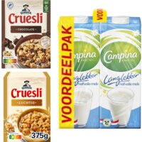Een afbeelding van Quaker cruesli met Campina melk ontbijt pakket
