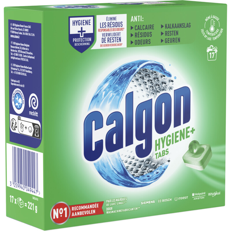 Een afbeelding van Calgon Hygine+ wasmachinereiniger en anti kalk