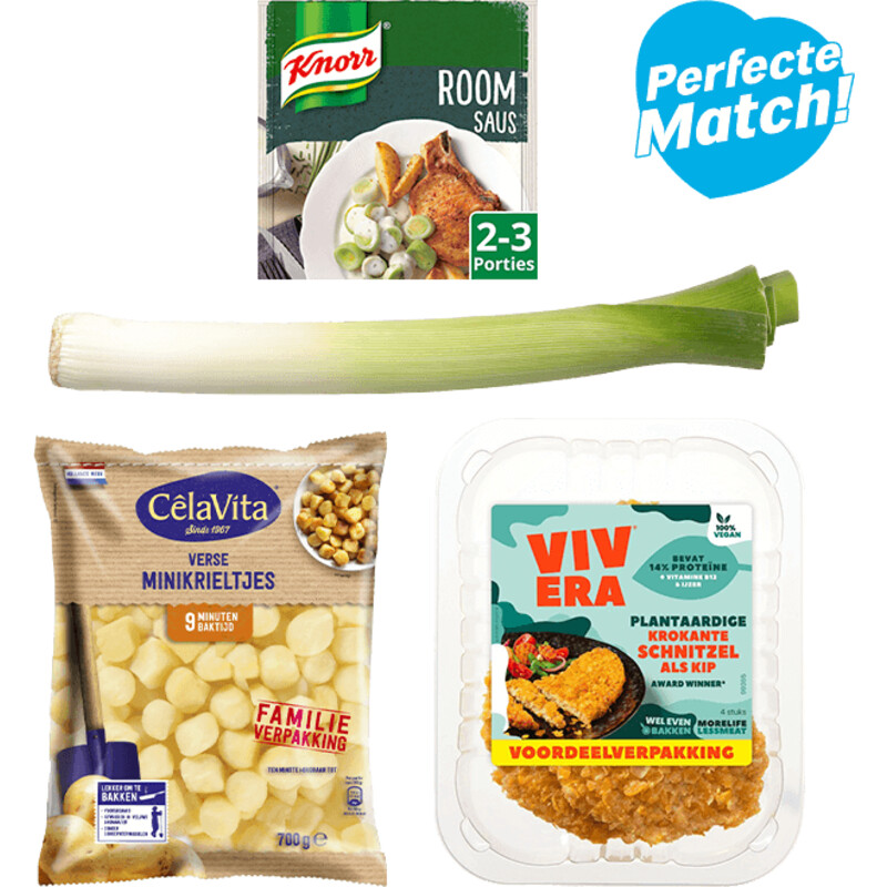 Een afbeelding van AH Prei met krieltjes & vegan schnitzel	