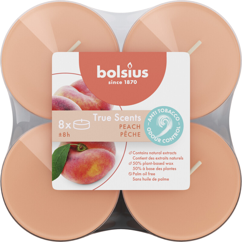 Een afbeelding van Bolsius Maxilichten true anti tabak peach 8 uur