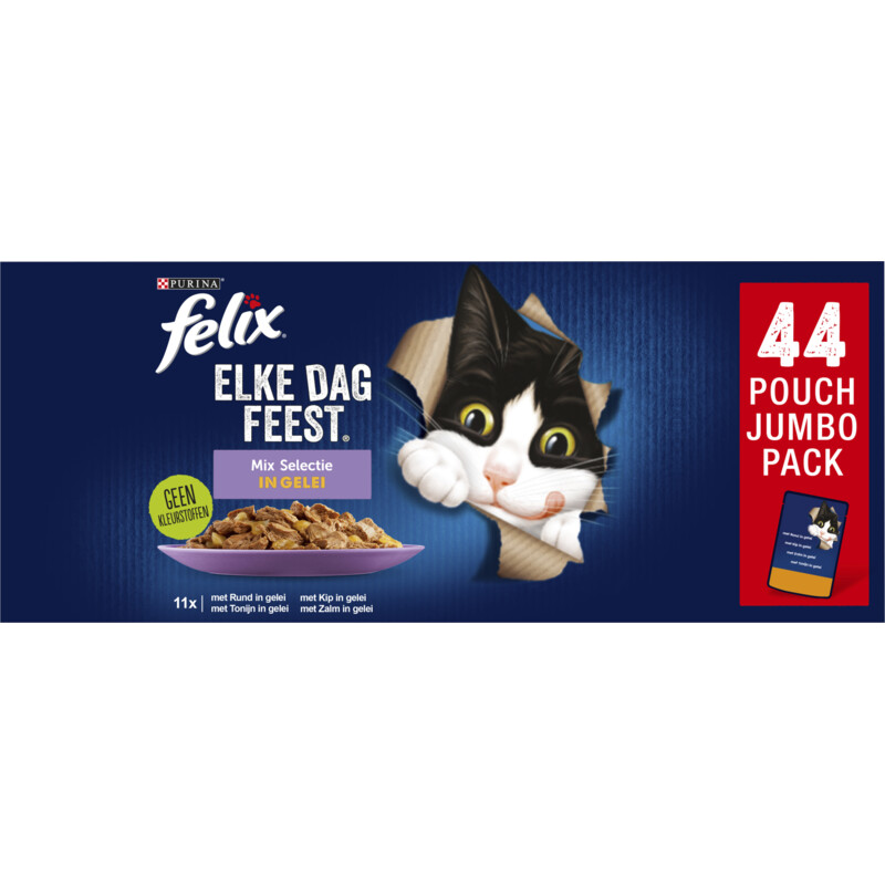 Felix Mix Selectie in Gelei Kattenvoer, Natvoer maaltijdzakjes met Rund, Kip, Zalm & Tonijn, 44 x 85g (44 maaltijdzakjes; 3,7kg