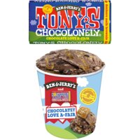 Een afbeelding van Tony's Chocolonely en Ben & Jerry's pakket