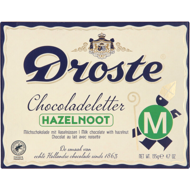 Een afbeelding van Droste Chocoladeletter hazelnoot melk M,P,S