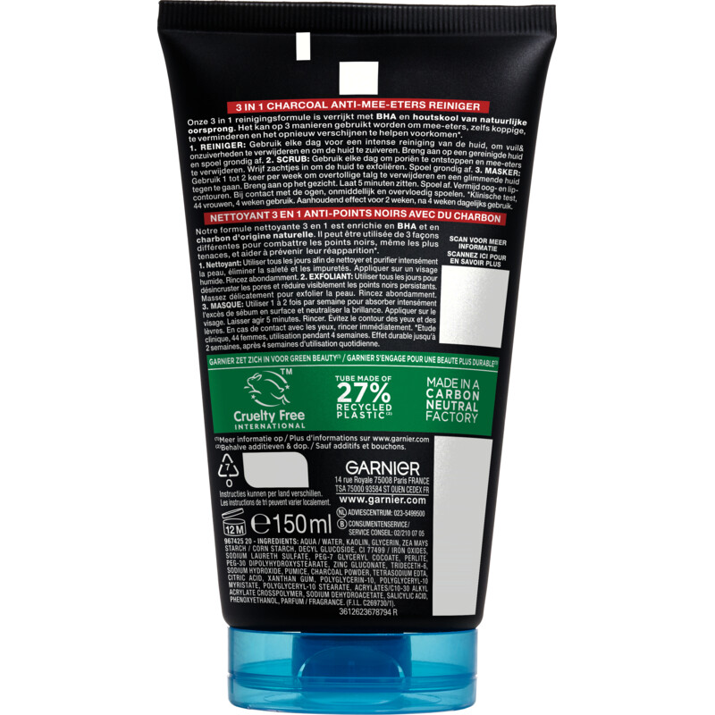 Een afbeelding van Garnier 3-in-1 charcoal reiniger, scrub & mask