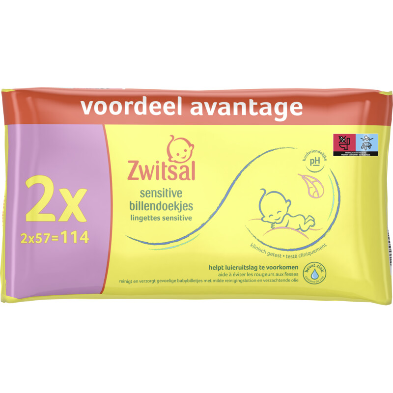 Een afbeelding van Zwitsal Sensitive billendoekjes 2-pack