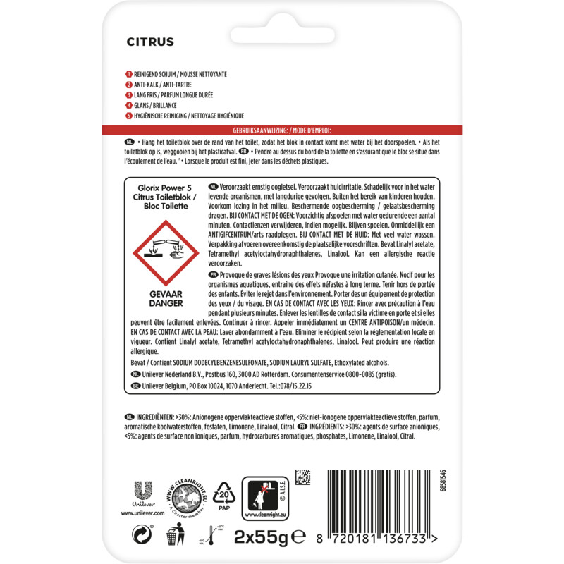 Een afbeelding van Glorix Power5 citrus duo pack wc-blok 2-pack