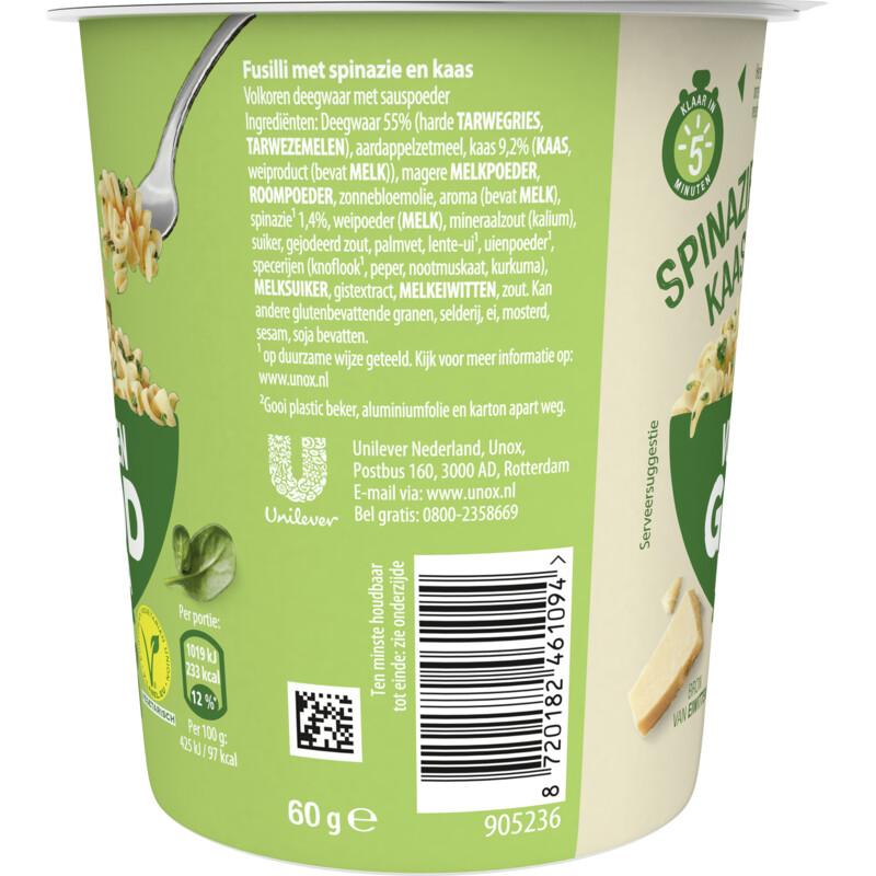 Een afbeelding van Unox Volkoren goodpasta spinazie kaas