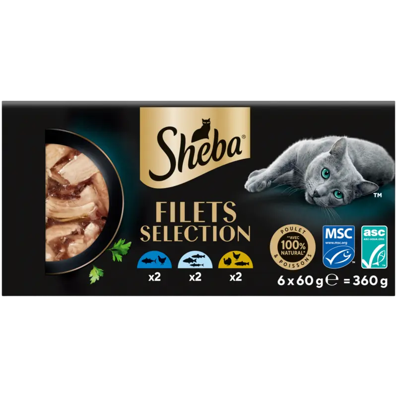 Barquette chat Filets 3 variétés au poulet, saumon et poissons SHEBA -6X60g