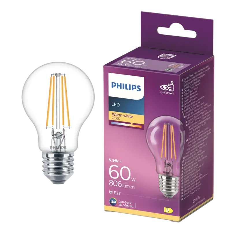 Philips Led fil standaard helder E27 60W