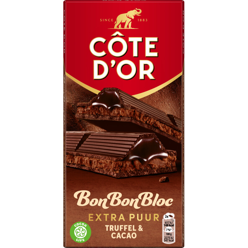 Een afbeelding van Côte d'Or Bonbonbloc puur chocolade truffel cacao