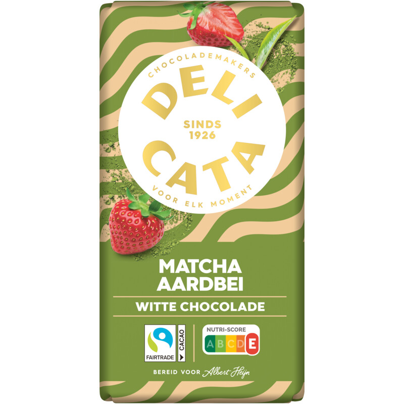 Een afbeelding van Delicata Reep matcha aardbei witte chocolade