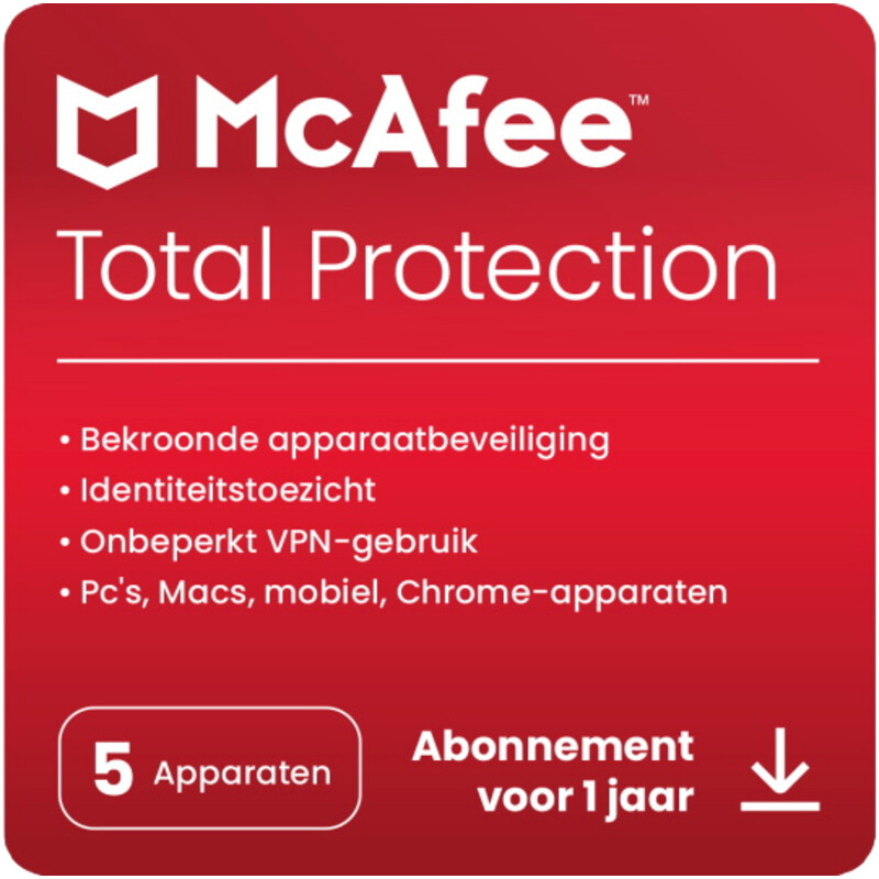 Een afbeelding van Mcafee total protection 5 app 1 jaar