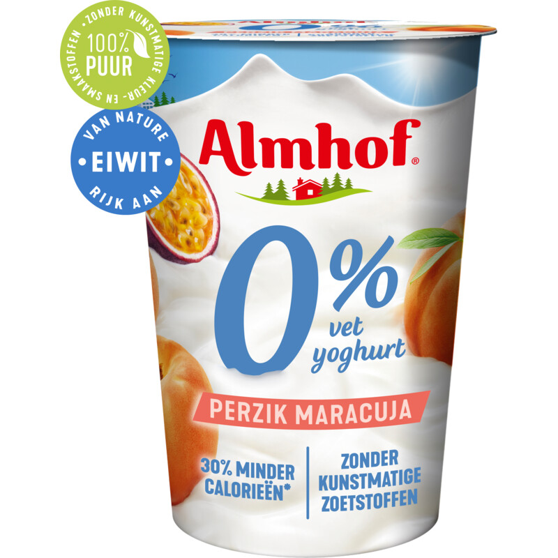 Een afbeelding van Almhof 0% vet yoghurt perzik-maracuja